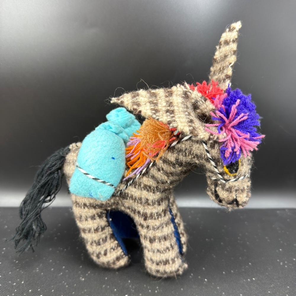 Vintage Mexican Folk Art Woven Wool Burro Donkey Figurine Colorful Yarn Pom Poms - Picture 8 of 11
